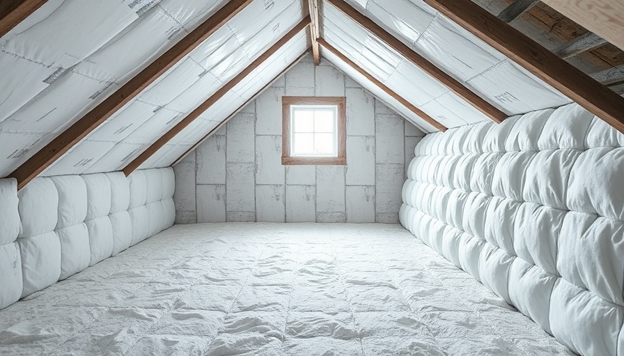 Attic insulation installation with white panels on walls.