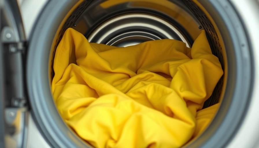 Yellow fitted sheet in a washing machine, wash sheets process.
