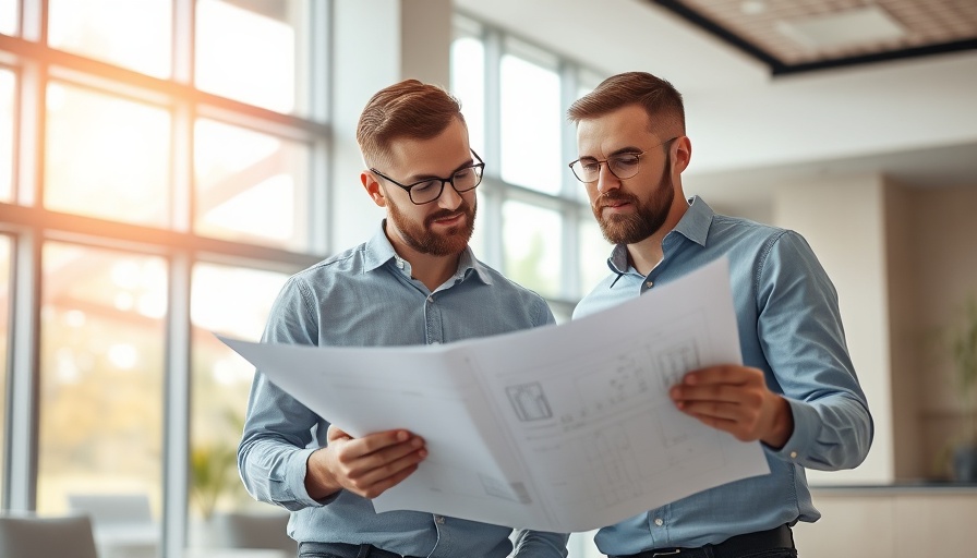 Two professionals reviewing home renovation tools blueprints inside a modern space.