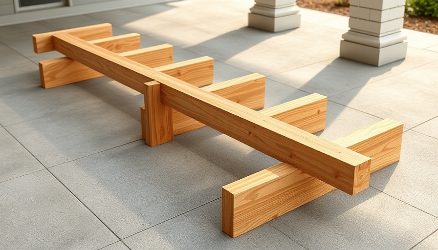 DIY pergola brackets on concrete floor in sunlight, outdoor setting.