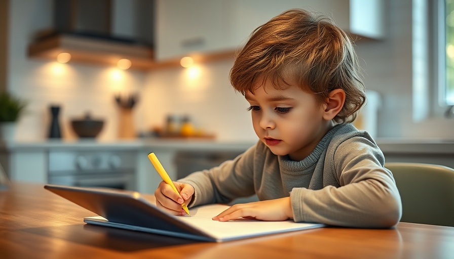 Child doing homework with smart home device in kitchen.