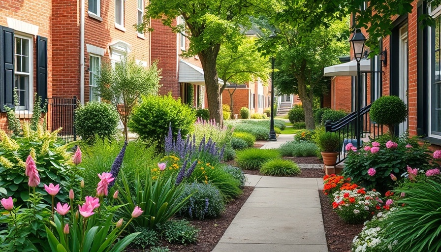 Charming small city yard with lush greenery and brick houses.