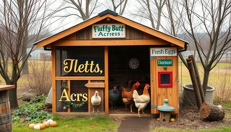 Charming chicken coop with 'Fluffy Butt Acres' sign, chicken stories.