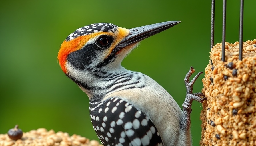 Speckled woodpecker feeding on suet, winter birds.