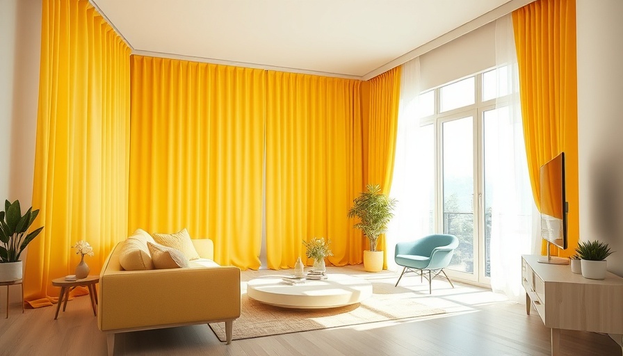 Bright modern living room with yellow curtains for color therapy