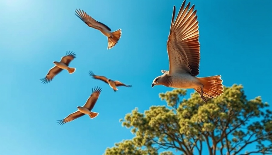 Bird mobbing scene in clear sky with tree silhouette.