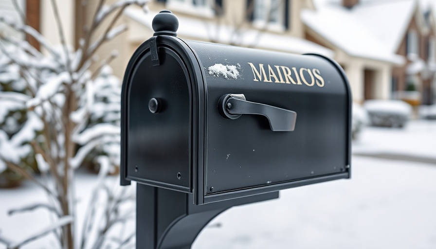 Sturdy black locking mailbox on snowy steps, photorealistic detail.
