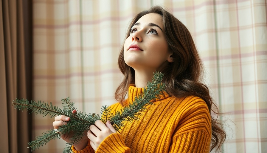 Sanne Hop in yellow sweater holding pine branch indoors.