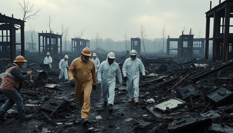 Los Angeles fires cleanup crews in protective suits among debris.