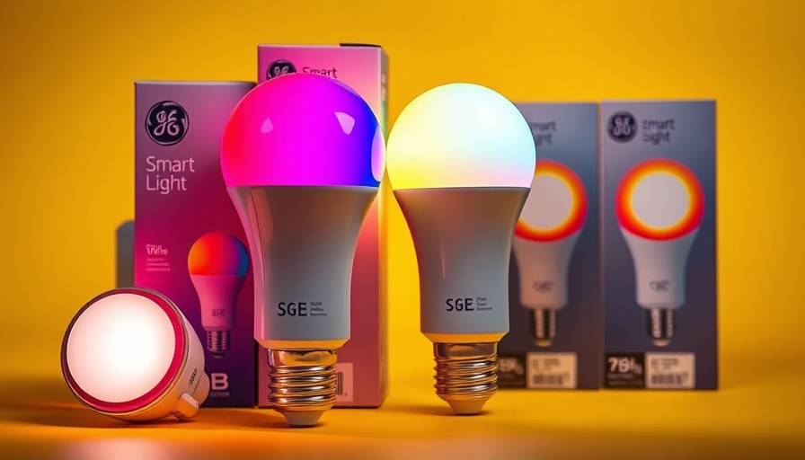 Colorful GE Smart Lights with packaging on yellow background.