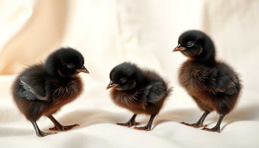 Fluffy black chicks on fabric, rare chicken breeds.