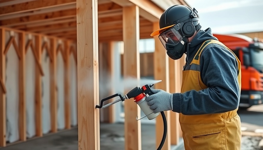 Worker spraying insulation foam on wooden frame at construction site.