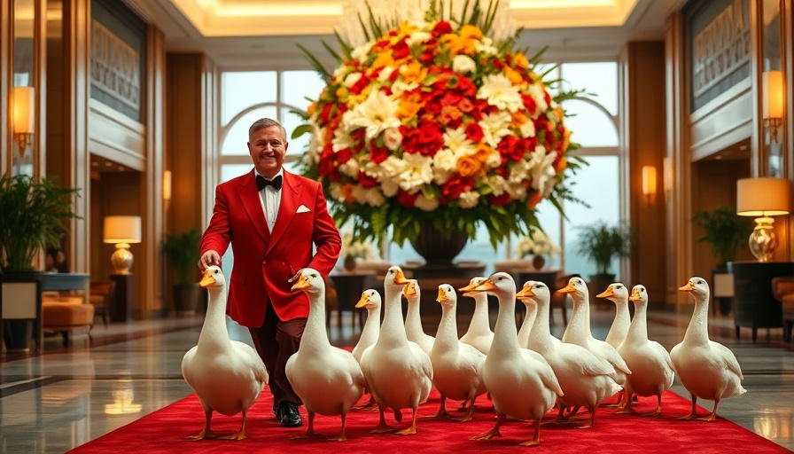 Duckmaster guiding ducks in elegant hotel lobby with floral decor.