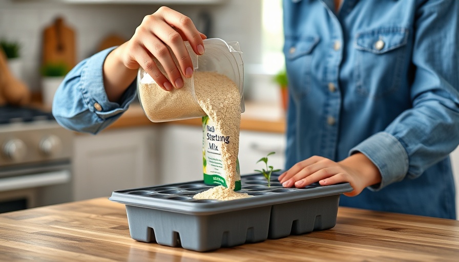 Person preparing seed starting mix in tray in kitchen.
