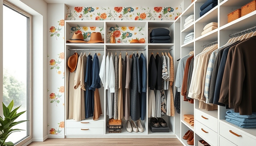 Modern closet organization with floral decor and neatly arranged shelves.