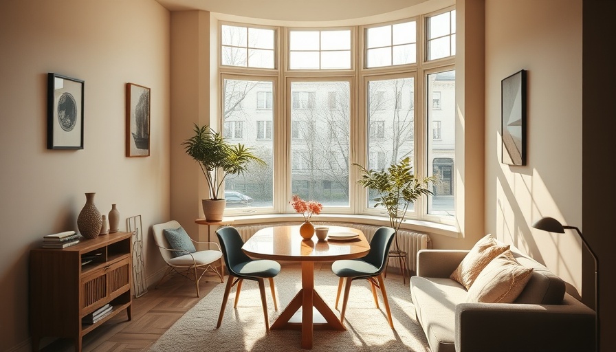 Cozy small-space living dining room with bay windows.