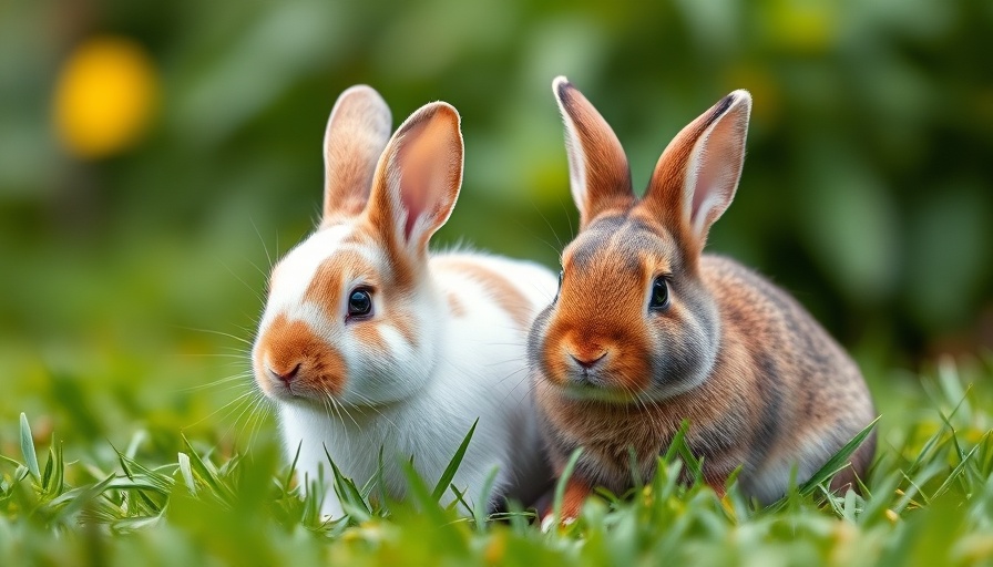 Two Mini Rex rabbits sitting on grass with blurred green background.