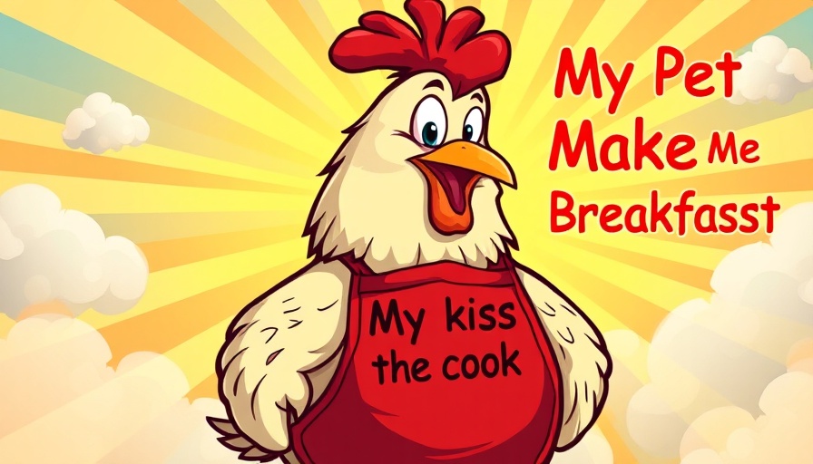 Funny cartoon chicken with apron, breakfast theme, bright sunburst.