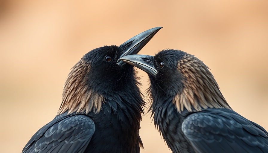 Crows in close interaction with detailed feathers.