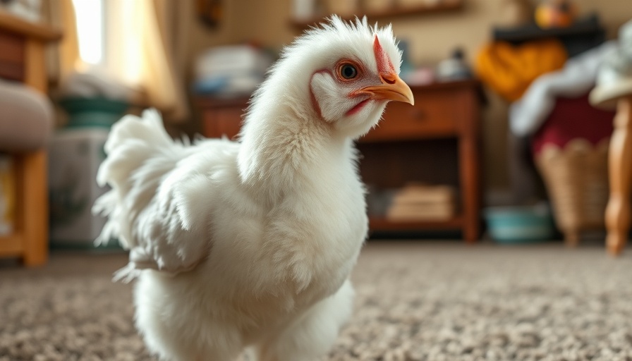 Fluffy white chicken in a cozy indoor space, backyard chickens.