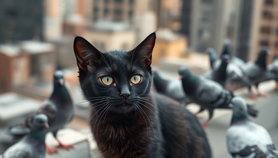 Curious black cat observing pigeons, bird flu awareness.