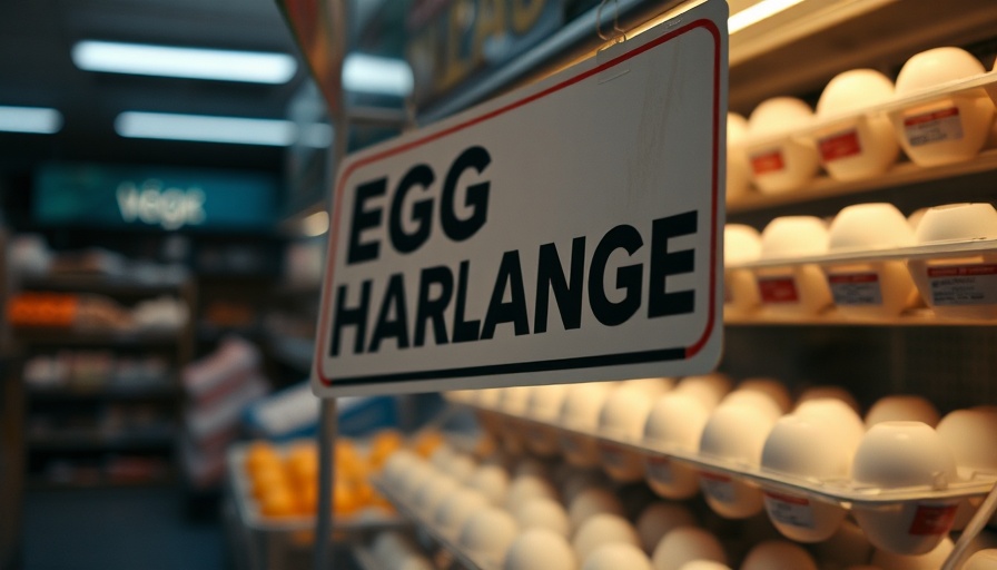 Egg shortage sign in dimly lit grocery store display.