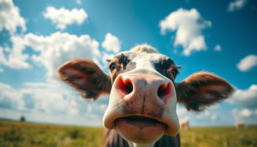 Holstein cow in a sunny field with a blue sky.