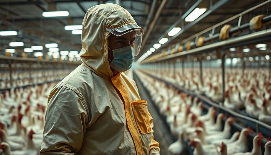 Biohazard-suited figure in poultry farm amid bird flu concerns.