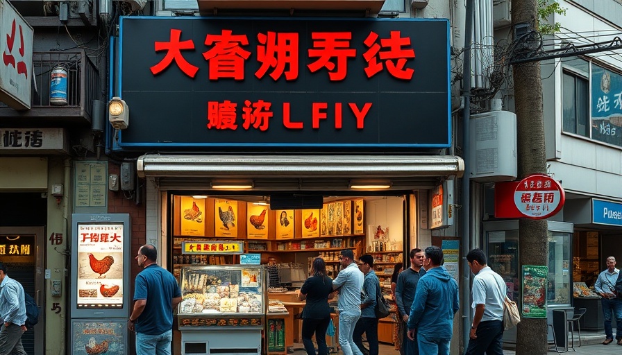 Urban poultry shop with people, bird flu outbreak context.