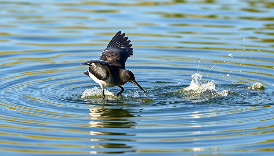 Black skimmer gracefully skimming water surface