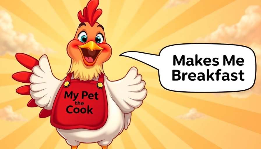 Cheerful cartoon chicken, backyard setting, avian flu outbreak context.