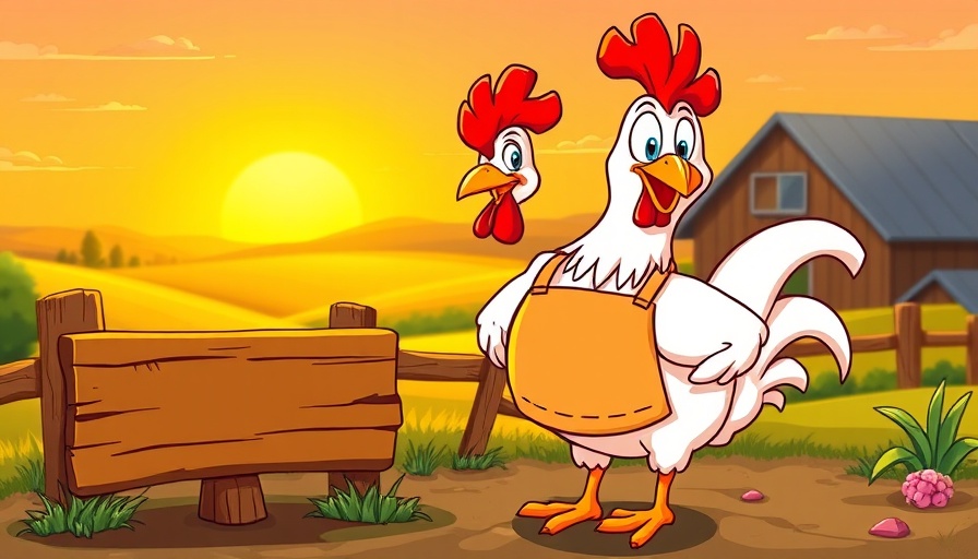 Cartoon chicken with apron in farm setting, cheerful farmyard scene.