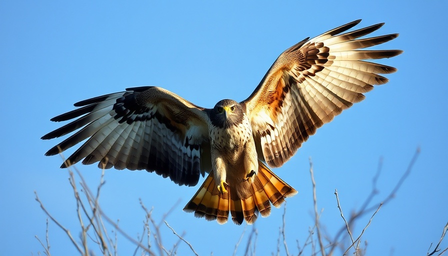 Rough-legged hawk in flight during migration over barren branches.