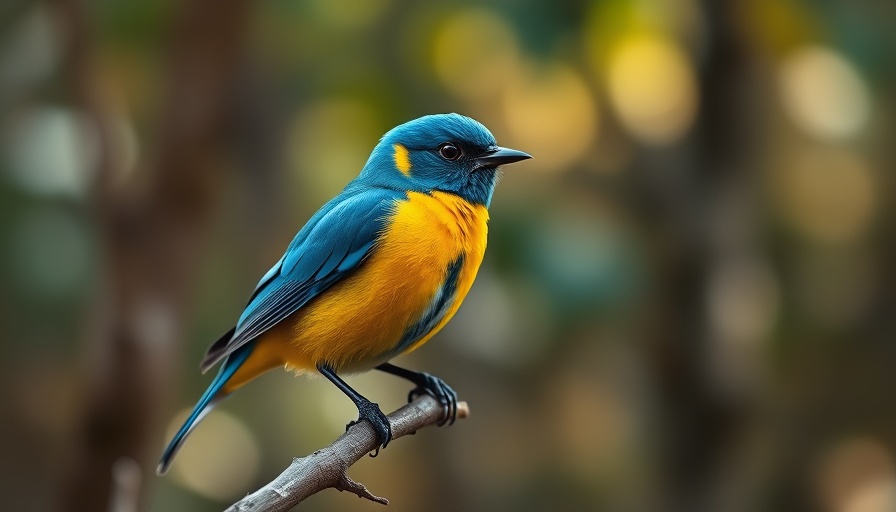 Vivid blue and yellow bird in a forest, future of birding technology.