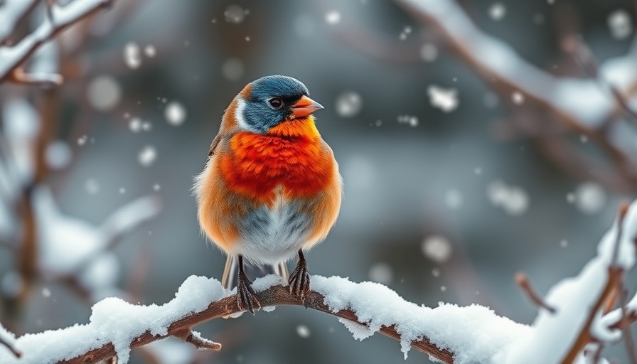 Bright finch on snowy branch in winter forest.