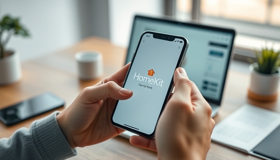 Hands holding smartphone with HomeKit logo in front of a laptop, showcasing Hub Mode for HomeKit.