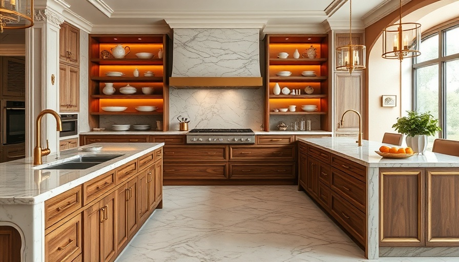 Luxurious kitchen design with marble island and gold fixtures.