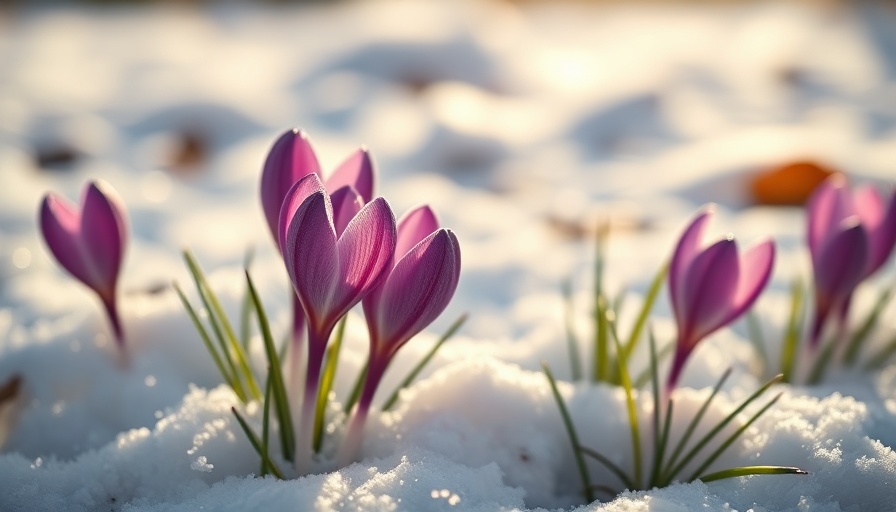 Colorful winter flowers in snow with bokeh effect.