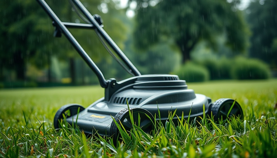 Lawnmower on wet grass in light drizzle, vibrant greens.