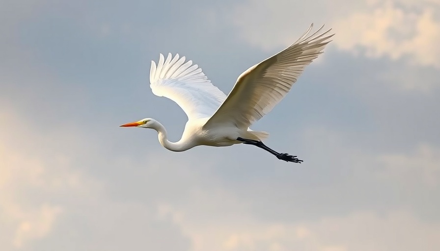 Great egret soaring gracefully in a cloudy sky.