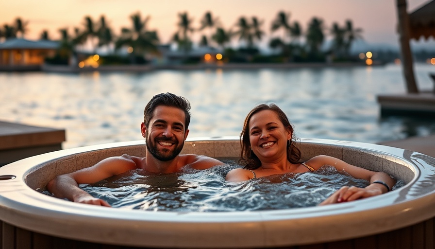 Couple in a hot tub at sunset enjoying hot tub health benefits.