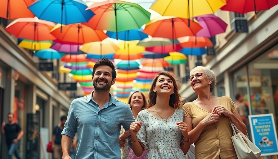 Cheerful family enjoys Ocean Springs getaway beneath vibrant umbrellas.