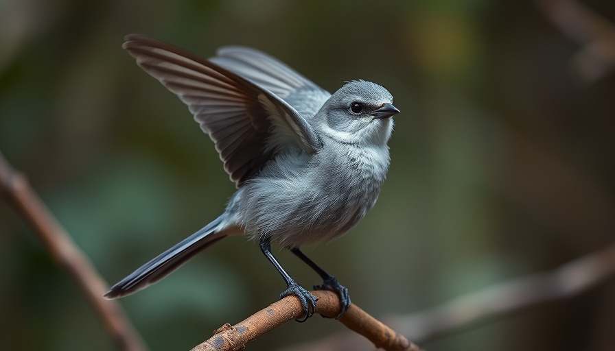 Gray fantail bird perched with wings spread in forest.