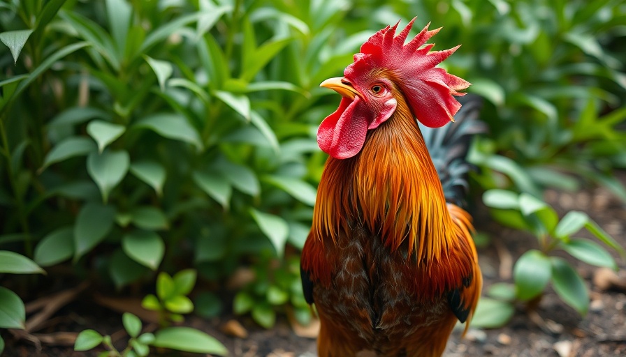 Théo and the chickens des Sauches: Vibrant rooster crowing under foliage