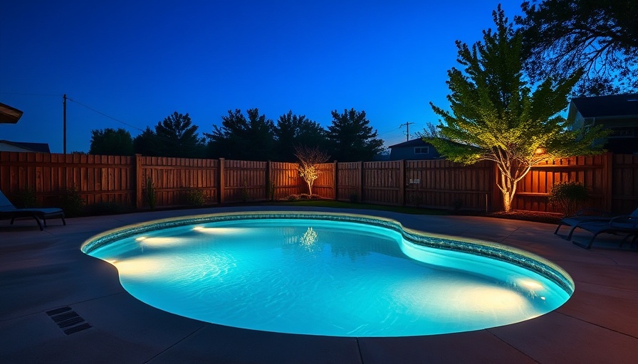 Illuminated swimming pool at night with glowing water reflection.