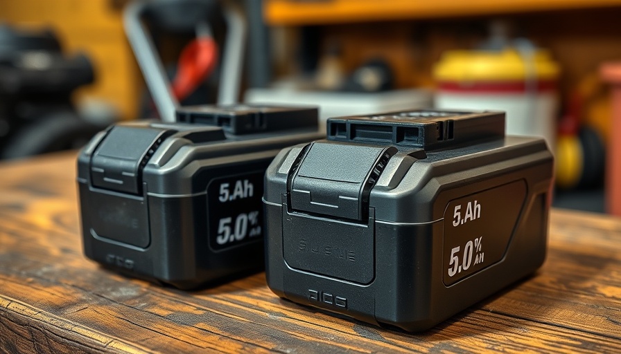 Close-up of power tool batteries, wooden background, storing power tool batteries in cold garage.