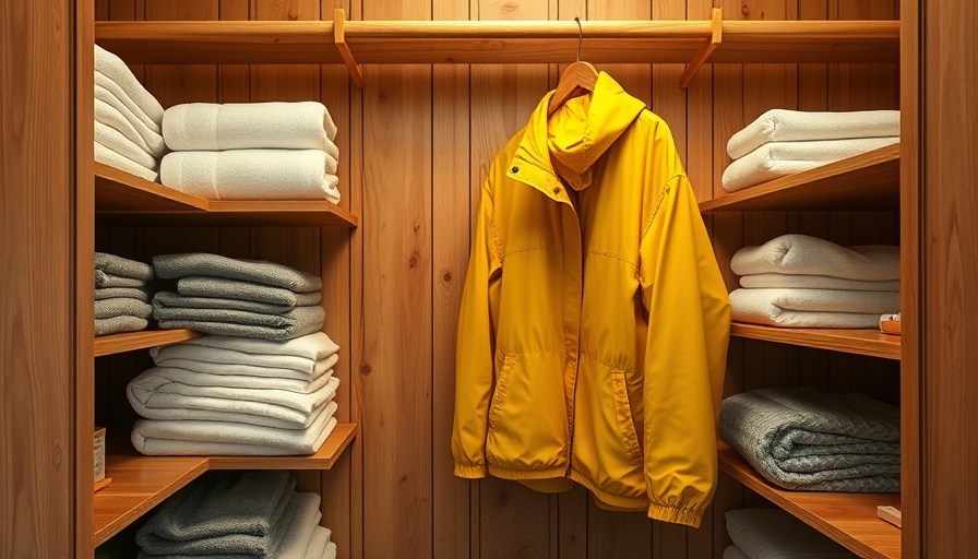 DIY cedar-lined closet with folded towels and jacket.