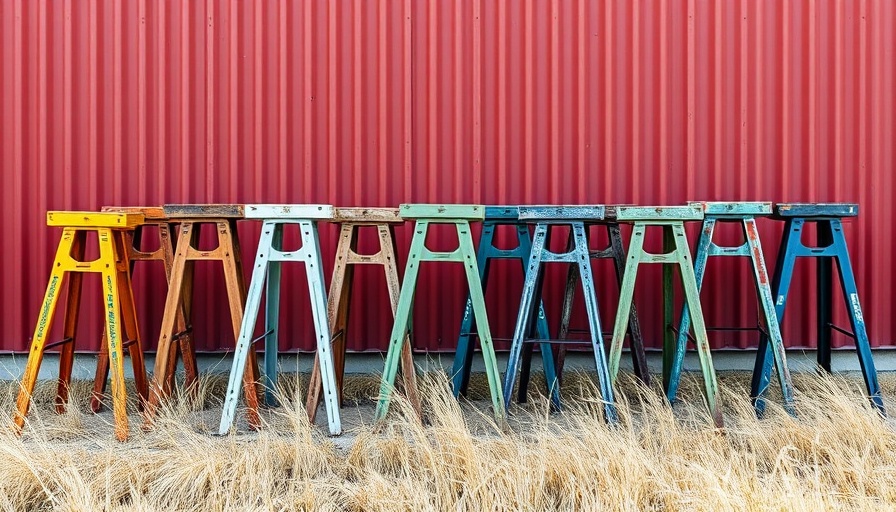 Assorted sawhorses lined up outdoors against a red wall.