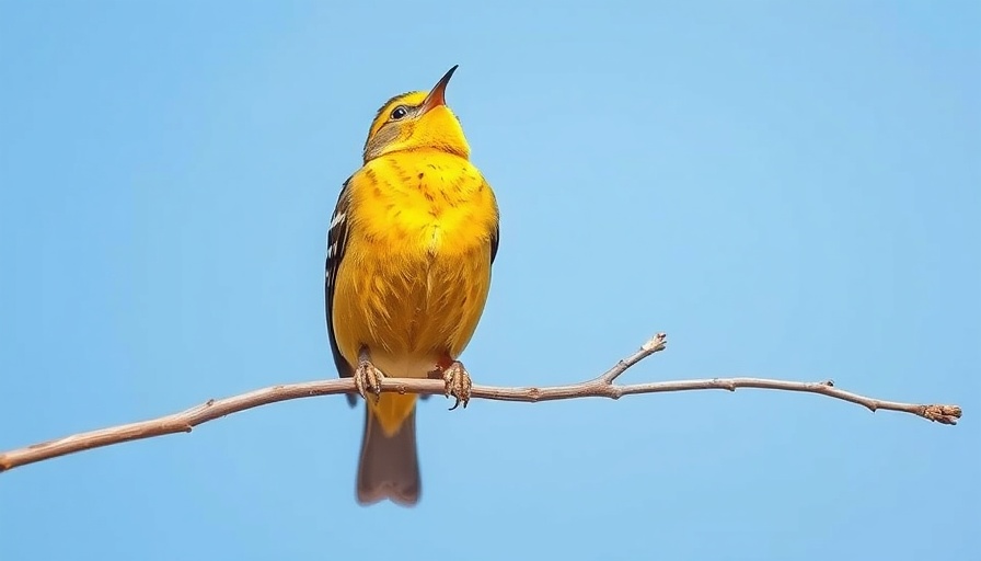 Nimiipuu Meadowlark singing with bright yellow chest under blue sky.