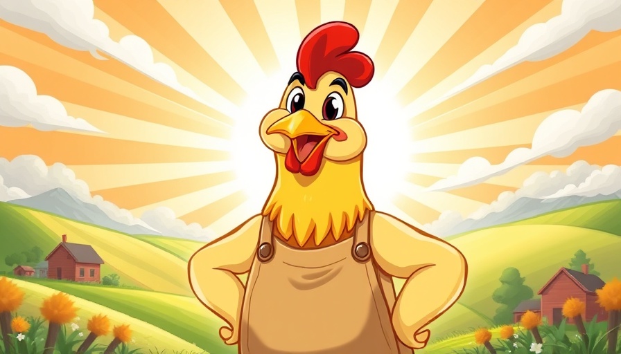 Vibrant cartoon chicken with apron and sunburst background.
